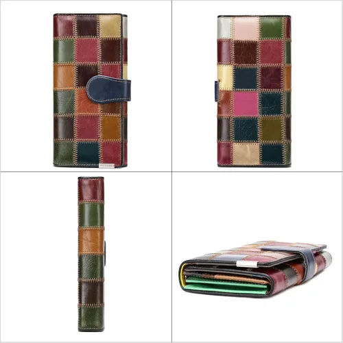 Vista 2 de MASIWEI Cartera de piel auténtica con retazos para mujer, multicolor, triple, tarjetero, organizador de dinero con monedero, Multicolor3