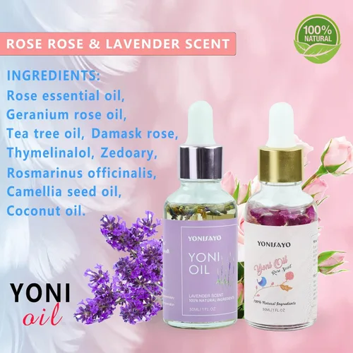 Vista 2 de Yoni - Paquete de 2 aceites esenciales para mujeres, desodorante íntimo femenino totalmente natural que elimina el olor, pH equilibrado, suero