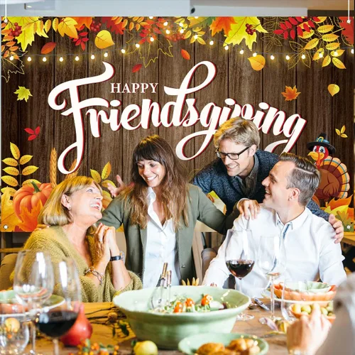 Vista 4 de Nepnuser Happy Friendsgiving - Telón de fondo para cabina de fotos, cosecha de calabaza para otoño, Acción de Gracias, amigos, decoración de pared
