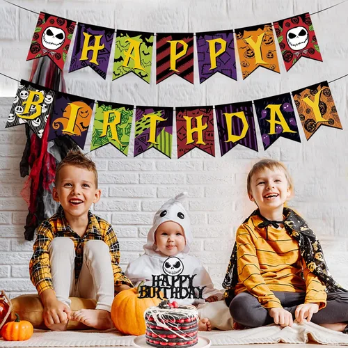 Vista 2 de Cartel de cumpleaños de Jack Skellington y decoración de pastel de cumpleaños de Jack Skellington para Halloween, pesadilla de terror, Navidad