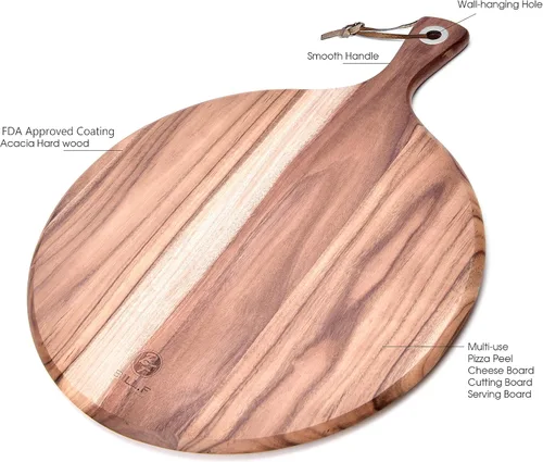 Vista 2 de BILL.F Pala para Pizza de Madera de Acacia, Tabla de Cortar de 10", Tabla de Paddle para Queso, Bandeja de Pan y Galletas para Servir y Preparación