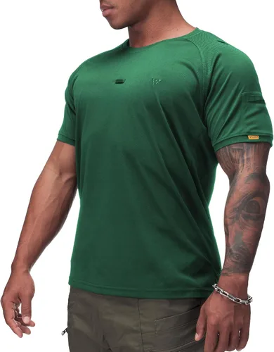 Vista 2 de IDOGEAR Camisas tácticas de cuello redondo para hombre, camiseta atlética de manga corta, camisetas deportivas para exteriores