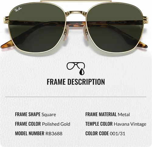 Vista 3 de Ray-Ban RB3688 Square Shaped Sunglasses for Men & Women with Official RAYBAN Eyewear Kit