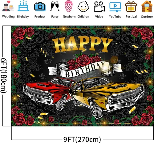 Vista 2 de Telón de fondo retro para automóvil de 9 x 6 pies para fiesta de cumpleaños, fiesta temática de los años 50, suministros de decoración de fiesta