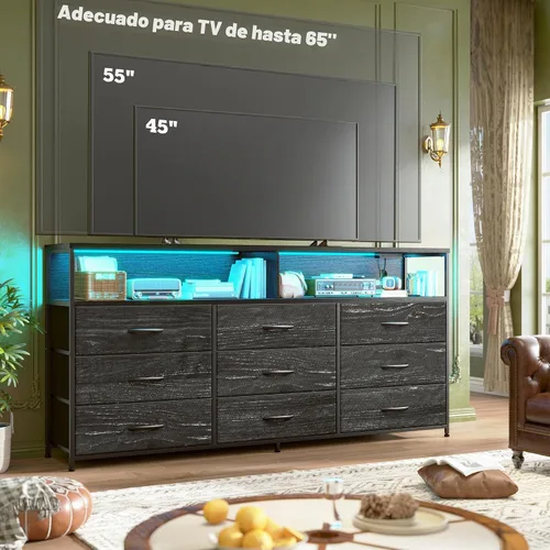 Vista 7 de Cómoda de 55 pulgadas de ancho para dormitorio con 9 cajones LED, tomas de corriente para TV de 65 pulgadas