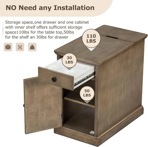 Vista 6 de Mesa auxiliar vintage para sala de estar, mesita de noche multifuncional con puertos USB y cajón con portavasos (marrón antiguo/USB*)