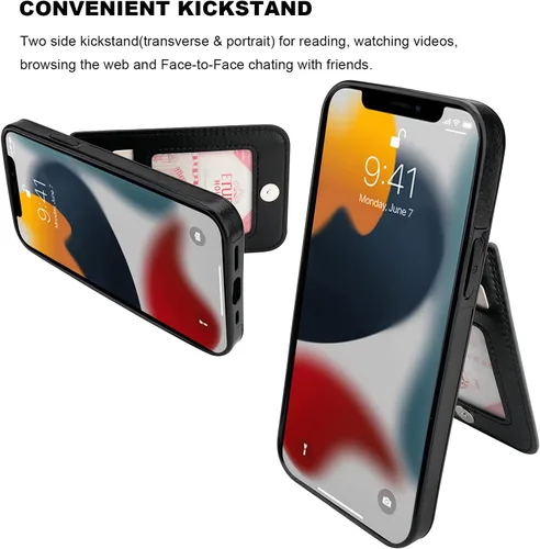 Vista 5 de KIHUWEY Funda compatible con iPhone 13 Pro con soporte para tarjeta de crédito, cierre magnético de cuero de alta calidad, resistente funda Negro