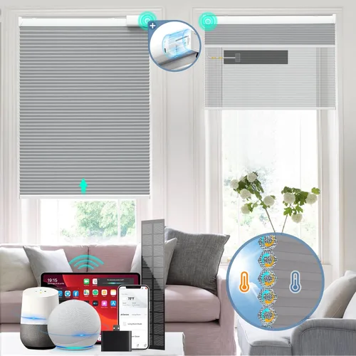 Vista 9 de Persianas inteligentes motorizadas recargables con energía solar (panel solar gratuito), control remoto, persianas celulares eléctricas opacas, Gris