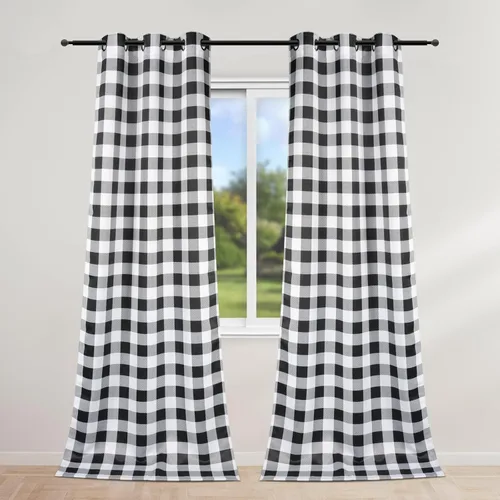 Vista 8 de Simple Deluxe 2 cortinas de cocina a cuadros de búfalo, cortinas cortas a cuadros para ventanas de media cafetería, 26 pulgadas de ancho x 36 Negro