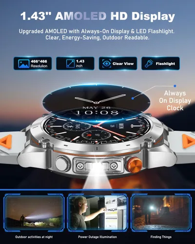 Vista 7 de GPS Military Smart Watch for Men with Bluetooth Call, 1.43" AMOLED Waterproof Fitness Tracker with Heart Rate/Sleep Monitor/Flashlight, 170+ Sports