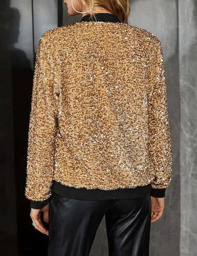 Vista 2 de EXTRO&VERT Chaqueta bomber brillante de manga larga con cremallera para mujer