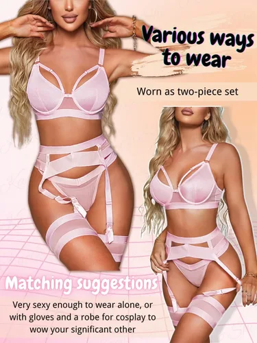 Vista 154 de Kaei&Shi - Lencería con liguero para mujer, conjunto de encaje traslúcido y sexy de 4 piezas combinadas