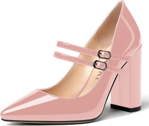 Vista 10 de MERRORI Vestido sólido con correa ajustable para mujer, con hebilla de patente, puntera puntiaguda, tacón alto, zapatos de 4 pulgadas Beige