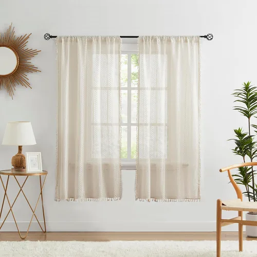 Vista 11 de ZJDECOR Cortinas traslúcidas de encaje bohemio de 54 pulgadas de largo, juego de 2 paneles de cortinas con patrón geométrico rústico beige