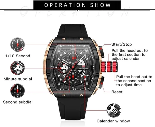 Vista 7 de Relojes para hombre, reloj Tonneau de esqueleto de lujo para hombre, impermeable, ajustable, correa de silicona, estilo steampunk, cronógrafo
