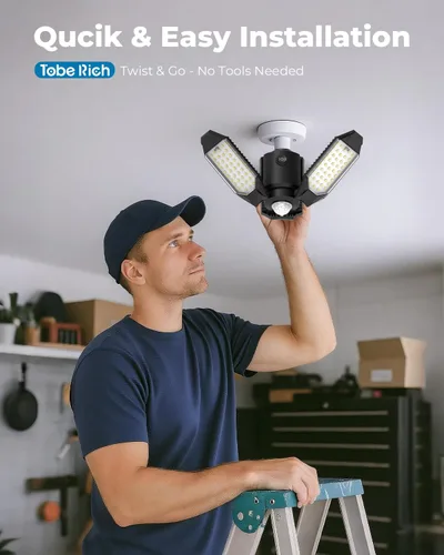 Vista 5 de toberich Luz de garaje con sensor de movimiento, luz de taller con sensor de movimiento de 8000 lm con 3 modos de interruptor, bombilla activada por