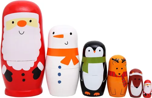 Vista 2 de 6 hermosas muñecas rusas de madera hechas a mano con Papá Noel, Matryoshka, regalo para Navidad y cumpleaños, juego de 6 muñecas apilables de 6
