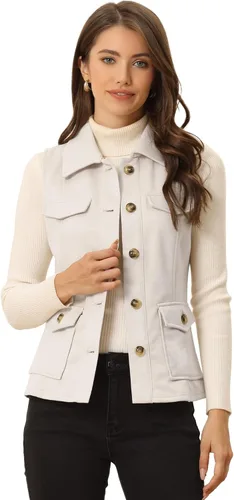 Vista 12 de Allegra K Chaleco de Gamuza Sintética Utilitario para Mujer con Botones sin Mangas con Bolsillo Cargo Verde militar