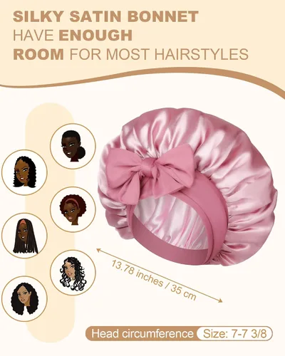 Vista 3 de Gorro de satén para mujeres, gorros de seda para dormir, gorro para cabello rizado con banda elástica con lazo, reversible de doble capa, gorro