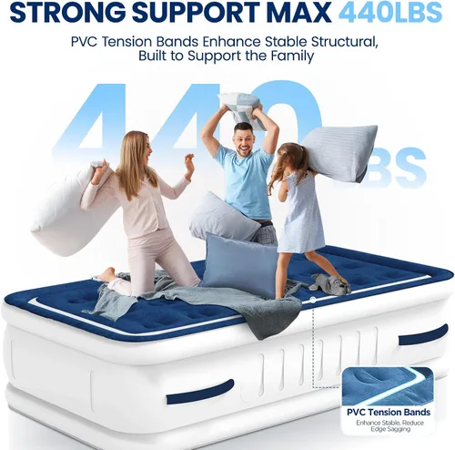 Vista 5 de KINGJERRY Colchón de aire doble con bomba integrada y 4 asas portátiles, colchón inflable elevado de 18 pulgadas para invitados, cama de aire