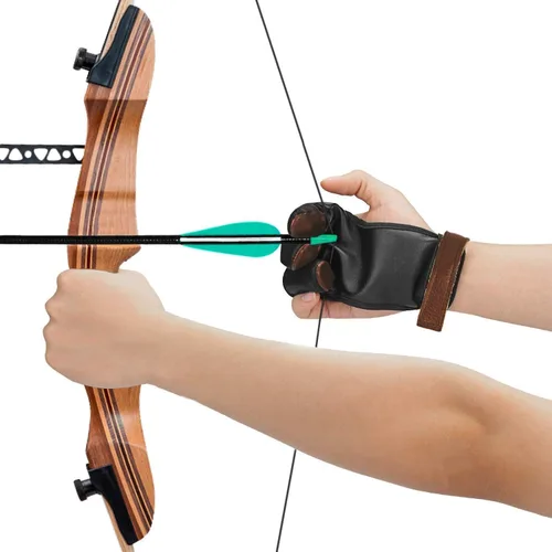 Vista 6 de Guante de tiro con arco – Lengüeta de tres dedos con protector de dedo de cuero duradero para arcos recurvos y largos – Protector cómodo