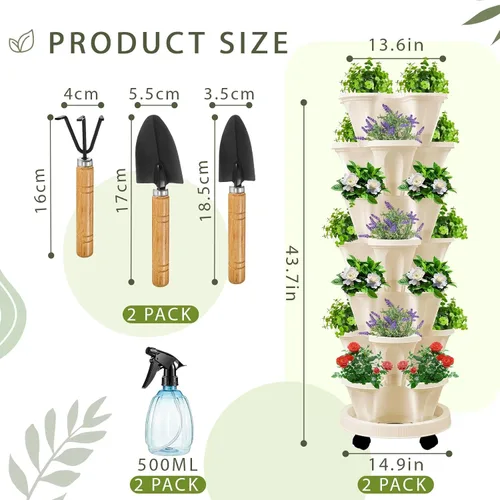 Vista 2 de Umigy Juego de 2 macetas verticales de 7 niveles, apilables, macetas de fresa, hierbas y verduras, macetas de jardinería para interiores