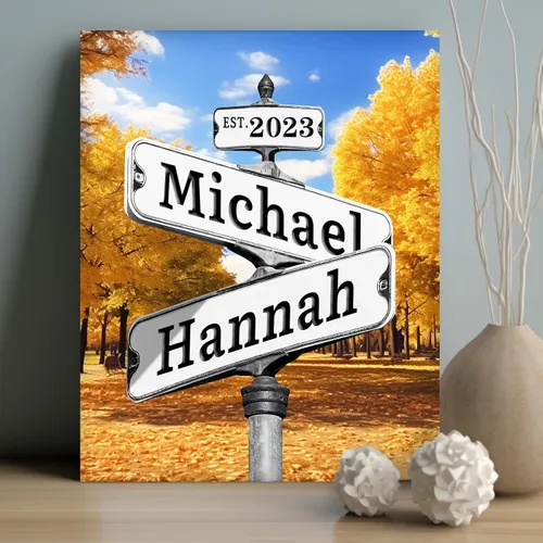Vista 12 de WNNNS Póster de letrero de calle vintage con nombre personalizado para parejas, novia, novio, impresiones en lienzo personalizadas para enamorados
