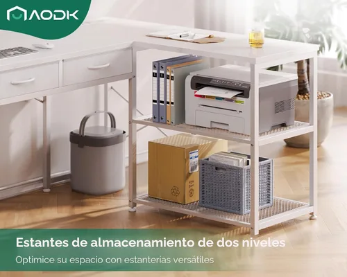 Vista 5 de AODK - Escritorio de computadora en forma de L de 53 pulgadas con cajones, con tomas de corriente y estantes de almacenamiento, soporte móvil