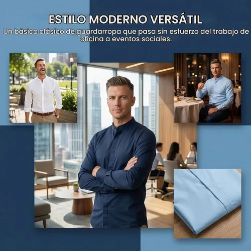 Vista 7 de Camisas de vestir con cuello mandarín para hombre, manga larga, estilo casual, elegantes y de un solo color Negro