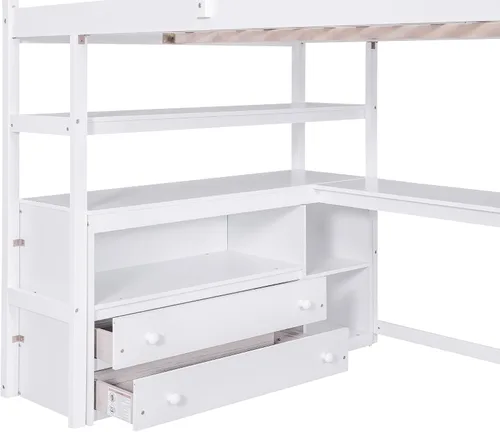 Vista 6 de Quarte Cama alta multifuncional, cama alta tamaño matrimonial con escritorio integrado y estantes de almacenamiento, dos cajones y escalera