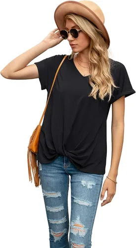 Vista 2 de Iandroiy Blusas de verano cómodas y casuales de manga corta con cuello en V para mujer, camisetas con nudo torcido