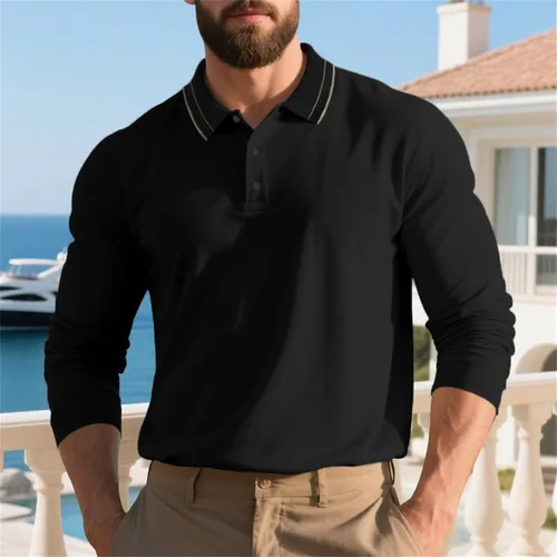 Vista 3 de Polo de manga larga para hombre, suéter clásico con botones, cuello en contraste, sudadera casual
