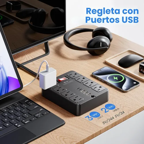 Vista 2 de Tira de alimentación con protector de sobretensiones 13 en 1, enchufe plano, 8 salidas de CA amplias, 3 puertos USB, 1250 W/10 A, cable de extensión