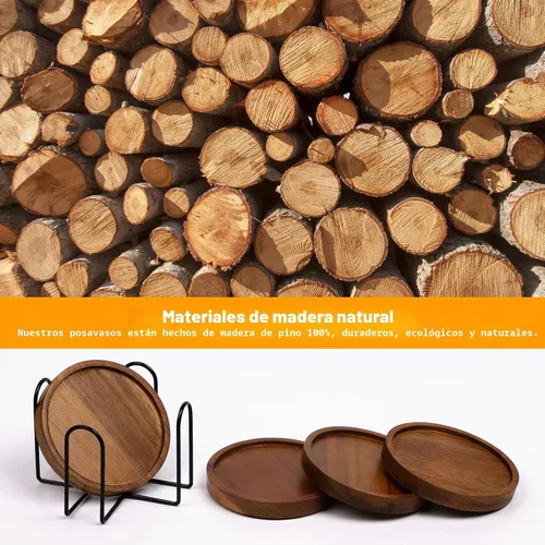 Vista 2 de 4 piezas de posavasos de madera absorbentes para bebidas, posavasos de madera con soporte, posavasos para bebidas para mesa de café, juego