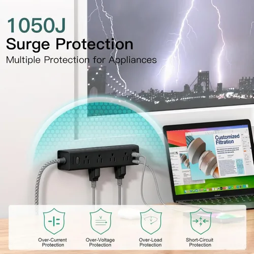Vista 5 de Addtam Regleta protectora de sobretensiones negra con 12 salidas de CA y 4 puertos USB, cable de extensión de 5 pies, montaje en pared de enchufe