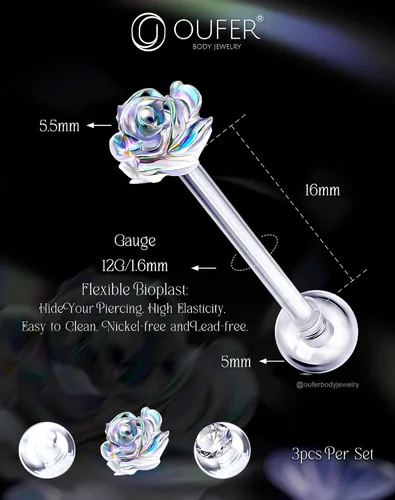 Vista 7 de OUFER 3 piezas de joyería de hélice de plástico, retenedor de piercing de labios transparente para cirugía, lindos anillos de labios