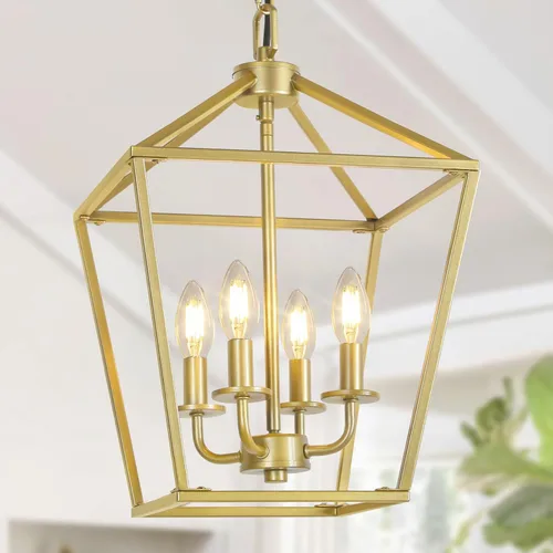 Vista 12 de Lámpara de araña de granja de 4 luces, lámpara de techo rústica tipo linterna con jaula de metal pintado de madera y cadena ajustable, luminaria
