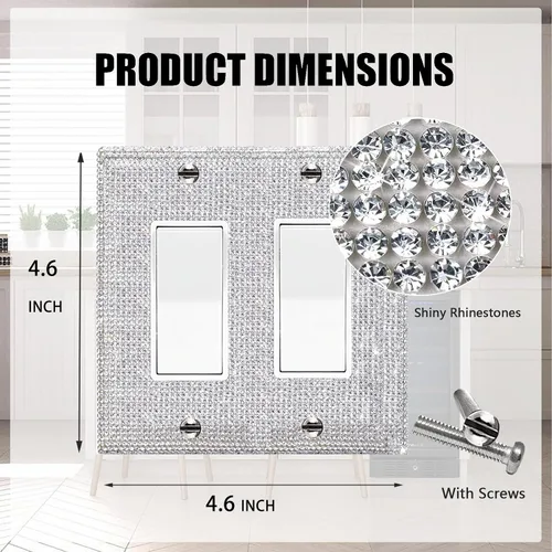 Vista 22 de Placa de pared con diamantes de imitación plateados brillantes plateados, placa de cubierta de interruptor de luz, cubierta de enchufe de grano