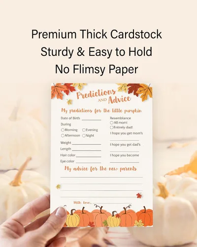 Vista 3 de PUMPKINS - Tarjetas de predicción y consejos – Paquete de 25 – Little Pumpkin Baby Shower Games, nuevos padres, mamá y papá futuros, mensaje de mamá