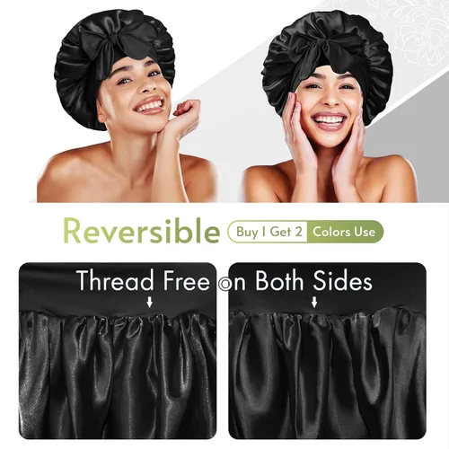 Vista 2 de BONNET QUEEN Gorro reversible de satén de seda para dormir, doble capa, ajustable, trenzas rizadas, peluca de cabello natural, banda para gorro