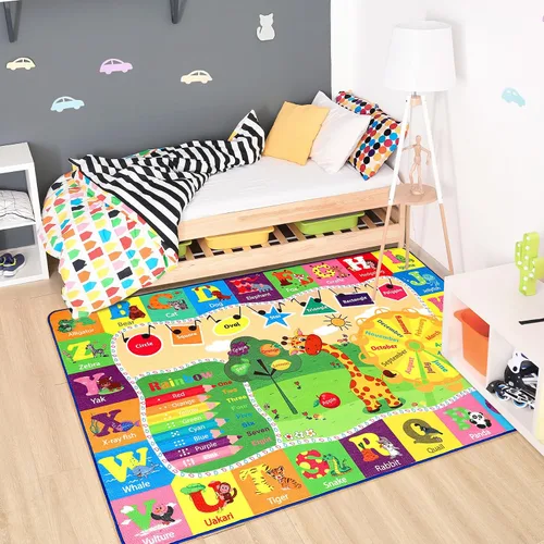 Vista 4 de Chicrug Alfombra educativa para niños de 3 x 5 pies para sala de juegos, TPR antideslizante para niños, alfombra de aula para aprender animales ABC