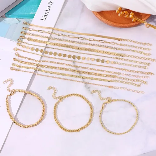 Vista 6 de SAMOCO Juego de 14 pulseras de cadena de oro para mujer, chapados en oro de 14 quilates, pulseras apilables de oro de moda, regalos de joyería