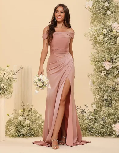 Vista 4 de Vestidos de dama de honor de sirena de satén 2024 para mujer, con hombros descubiertos, vestido de fiesta de graduación con abertura de cola CM228