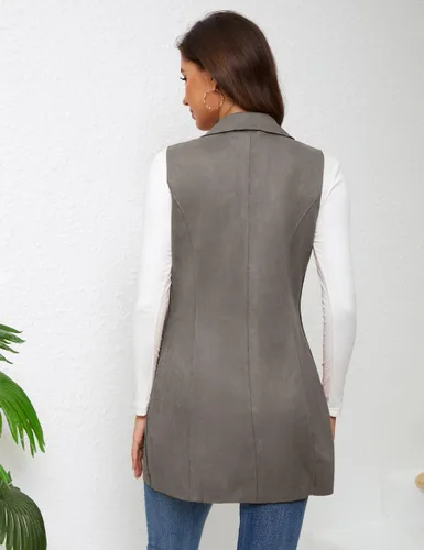 Vista 3 de Chaleco largo de ante sin mangas para mujer, chaleco casual con solapa y frente abierto