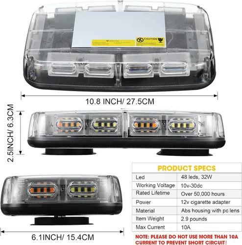 Vista 3 de Leelosp Paquete de 3 mini barras de luz estroboscópica para techo, 48 luces LED estroboscópicas de advertencia de base magnética, luz intermitente