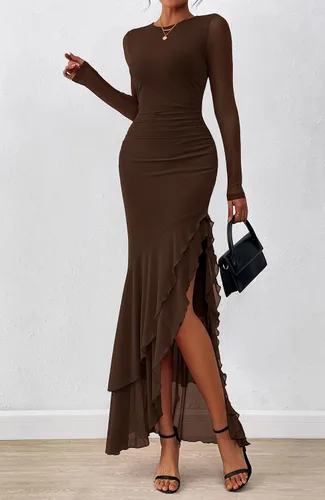 Vista 2 de BTFBM Maxi vestidos de mujer otoño 2026 manga larga vestido de invitada de Café