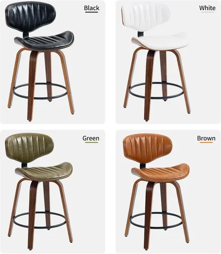 Vista 7 de Juego de 2 taburetes de bar de 24 pulgadas, de piel sintética, de madera curvada, giratorios, altura de mostrador, sillas modernas de barra