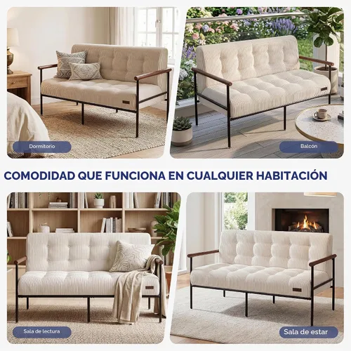 Vista 3 de MAXYOYO Silla decorativa para sala de estar, sofá biplaza con marco de metal resistente y reposabrazos de madera, sofá pequeño tapizado con botones