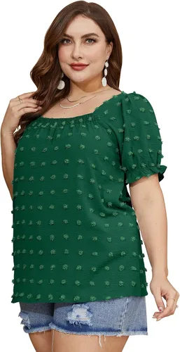 Vista 5 de OFEEFAN Tops y blusas para mujer, cuello cuadrado, manga abombada, gasa con lunares suizos