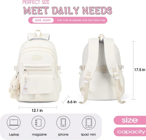Vista 3 de Mochila PRLINJSK para niñas, mochila para estudiantes de universidad, secundaria y primaria, linda mochila estética para adolescentes y mujeres